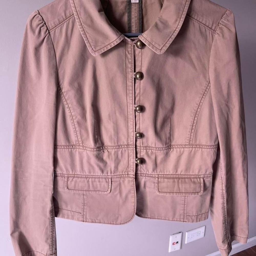 Tan leather jacket with gold buttons and pockets size 8